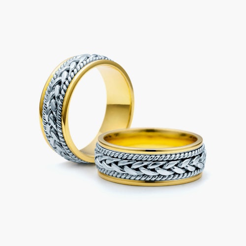 Obrączki ślubne: dwukolorowe złoto, płaskie, 7 mm